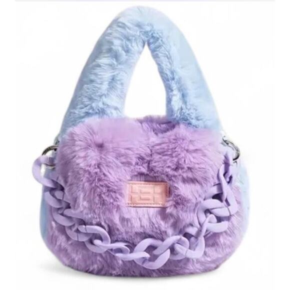 Other Handbags - Pastel Pink Blue Lavender Faux Fur Mini Satchel Bag Plastic Removable Bag Chain